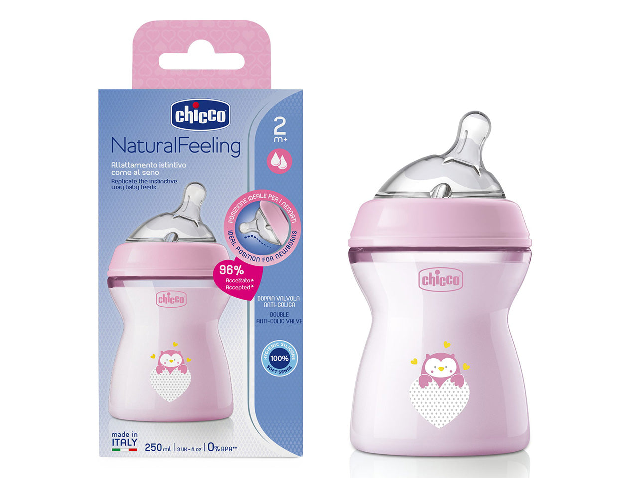 Chicco Natural Feeling Biberon Anticolica 2 Mesi+ da 250 ml con Tettarella in Silicone Rosa