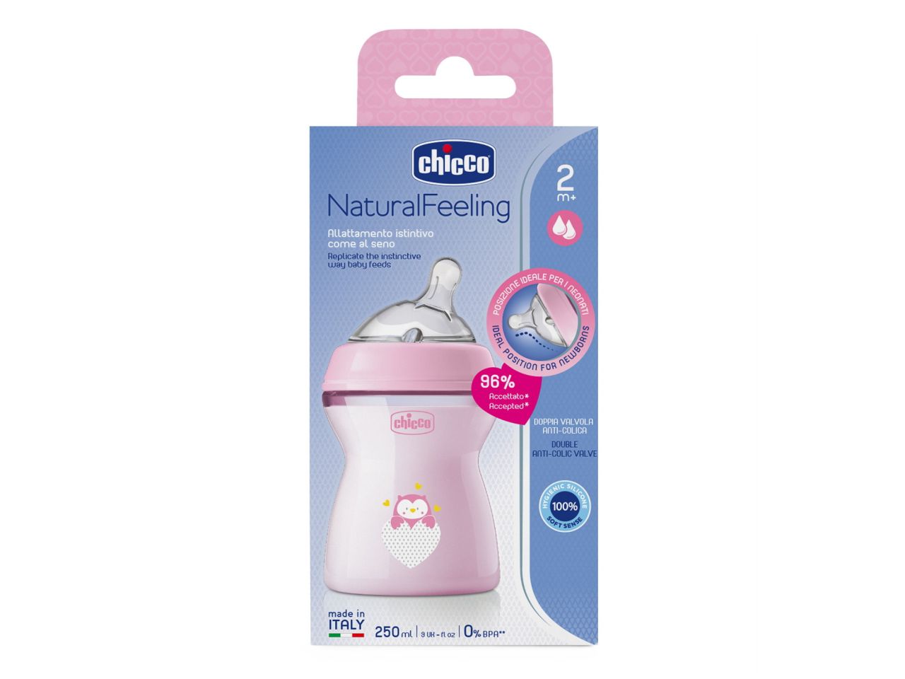 Chicco Natural Feeling Biberon Anticolica 2 Mesi+ da 250 ml con Tettarella in Silicone Rosa