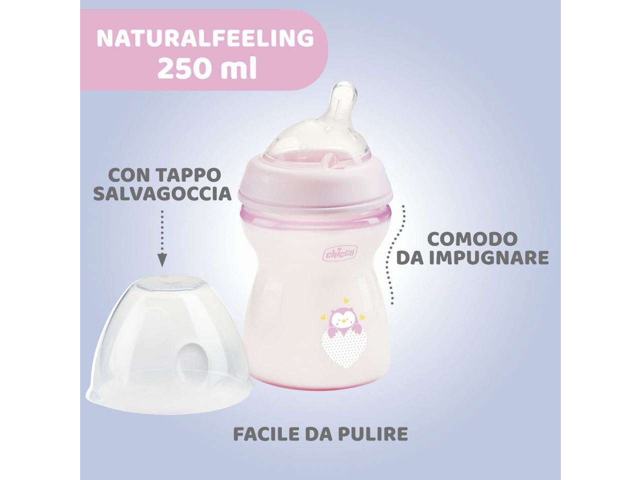 Chicco Natural Feeling Biberon Anticolica 2 Mesi+ da 250 ml con Tettarella in Silicone Rosa