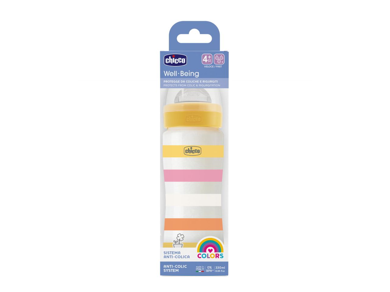 Chicco Biberon Benessere Flusso Rapido Giallo con Tettarella Physio in Silicone 250 ml 2 Mesi+