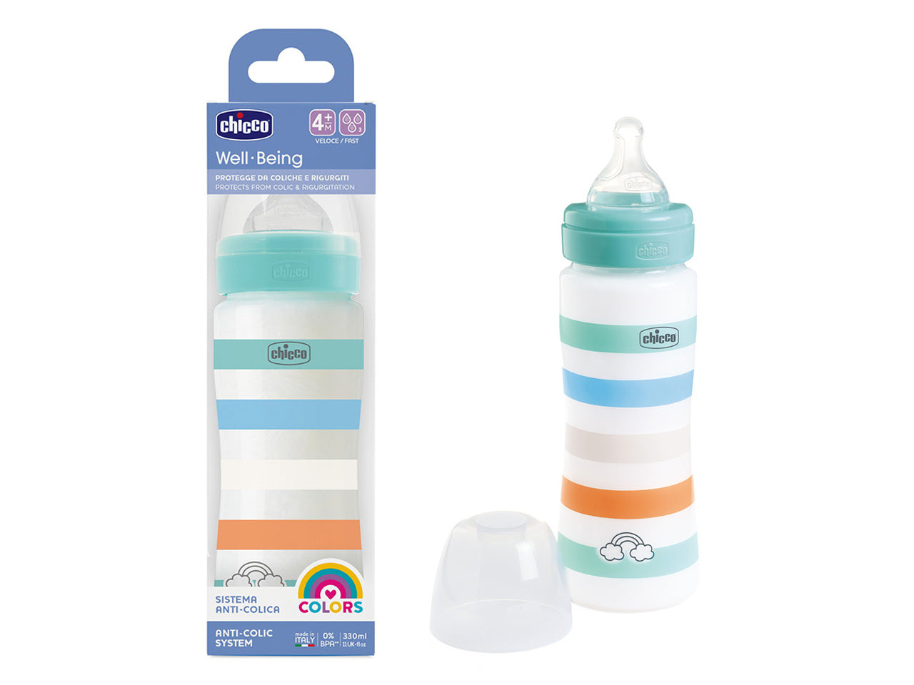 Chicco Biberon Benessere Flusso Veloce con Tettarella Physio in Silicone Anticolica 330 ml