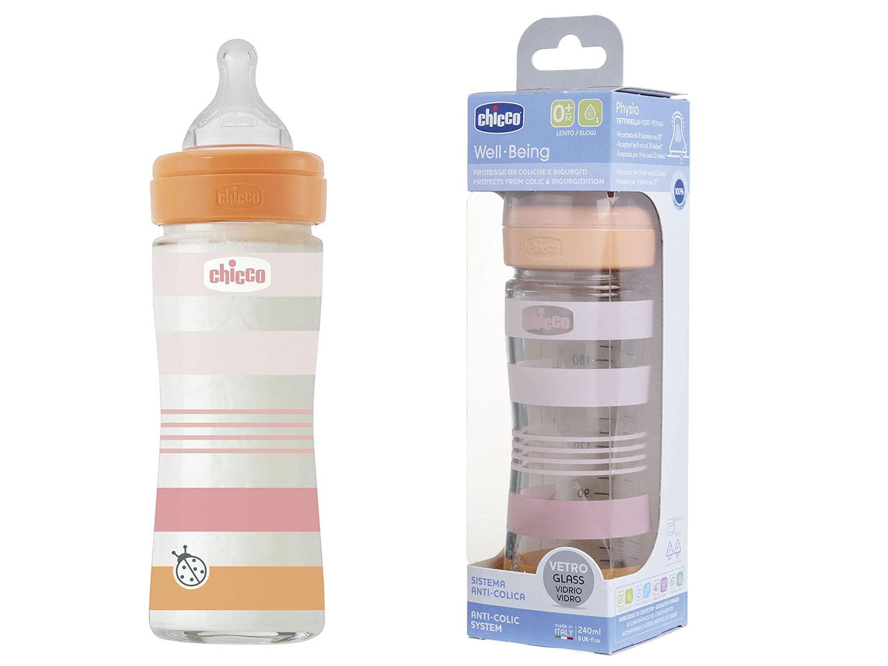 Biberon Chicco Benessere Flusso Lento, con Tettarella Physio in Morbido Silicone e Finitura Soft Sense, Anticolica, Riduce Rigurgito e Irritabilità, Bottiglia in Vetro da 240 ml, 0 Mesi+, Bambina
