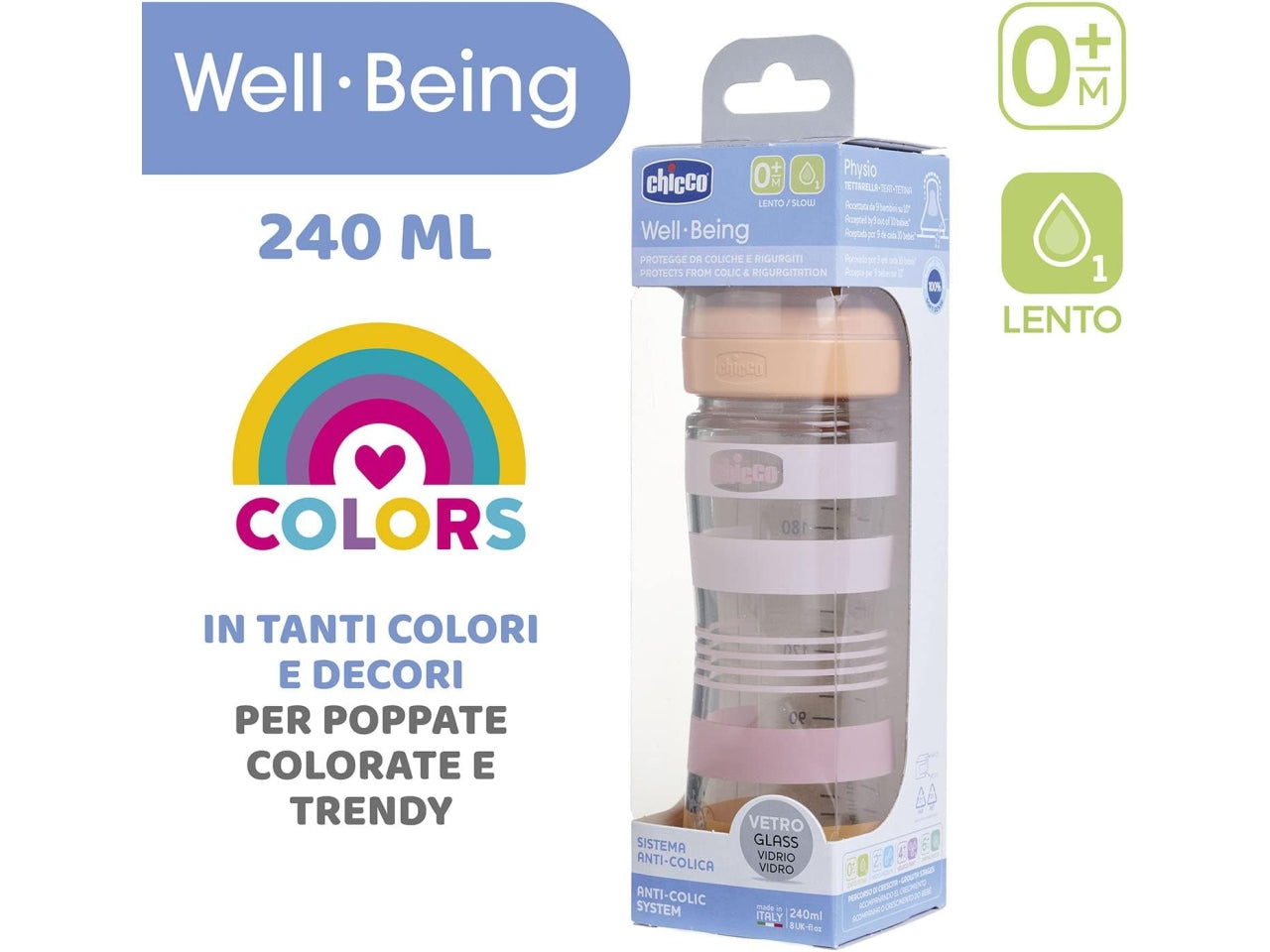 Biberon Chicco Benessere Flusso Lento, con Tettarella Physio in Morbido Silicone e Finitura Soft Sense, Anticolica, Riduce Rigurgito e Irritabilità, Bottiglia in Vetro da 240 ml, 0 Mesi+, Bambina