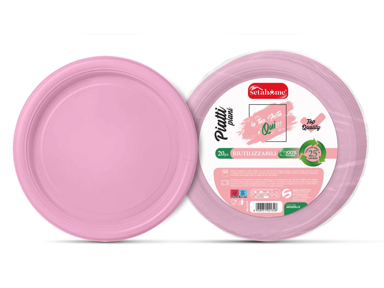 Piatti in plastica piani monouso rosa riciclabili e riutilizzabili, 20 pezzi - 22 cm - Esseci