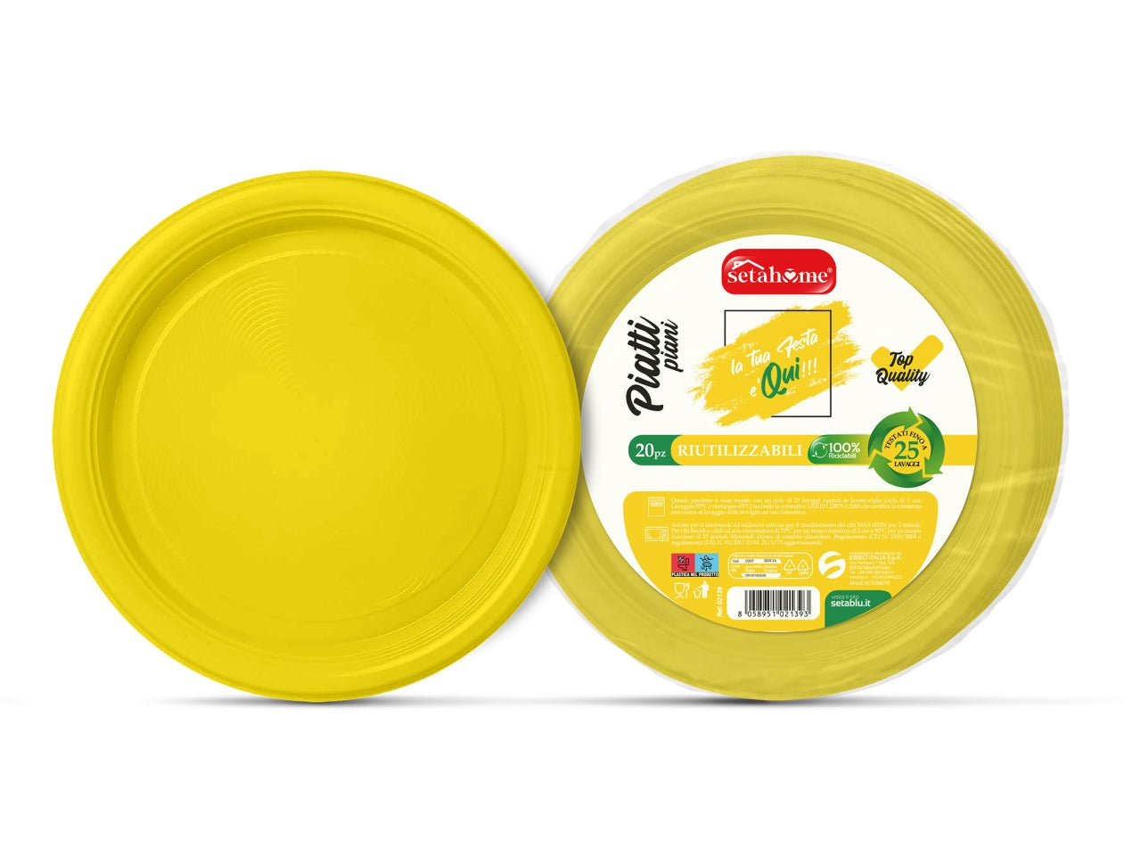 Piatti in plastica piani monouso gialli riciclabili e riutilizzabili, 20 pezzi - 22 cm - Esseci