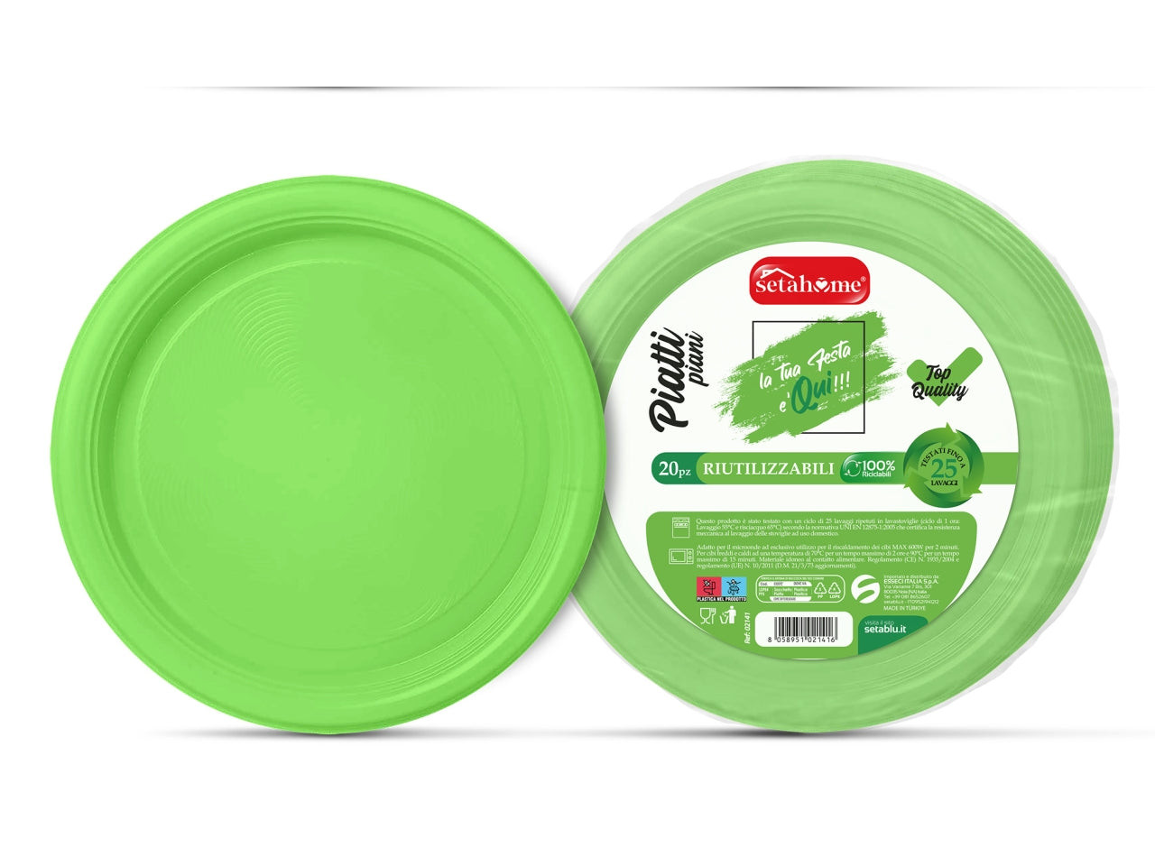 Piatti in plastica piani monouso verde acido riciclabili e riutilizzabili, 20 pezzi - 22 cm - Esseci