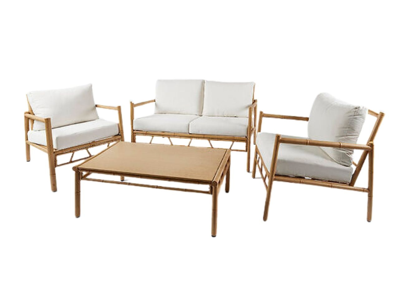 Set relax giardino in metallo e poliestere ecrù e avorio - struttura simil bamboo con 2 poltrone, 1 divano, 1 tavolo e cuscini inclusi - divano: 127x82x74 cm, tavolo: 100 x 60 x 38 cm, poltrona: 67x82x4 cm - Koopman