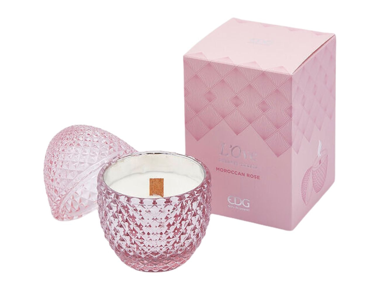 Candela in barattolo profumo rosa marocchina, stile moderno forma ad uovo in vetro rosa con decoro a rilievo, 20 ore - 8x12 cm - Enzo De Gasperi