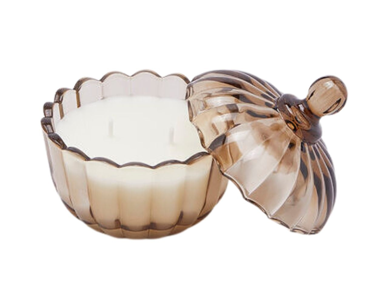 Candela in barattolo con coperchio ambra, con decorazione a rilievo in vetro, stile moderno, 15 ore - 9x10,5 cm - Enzo De Gasperi