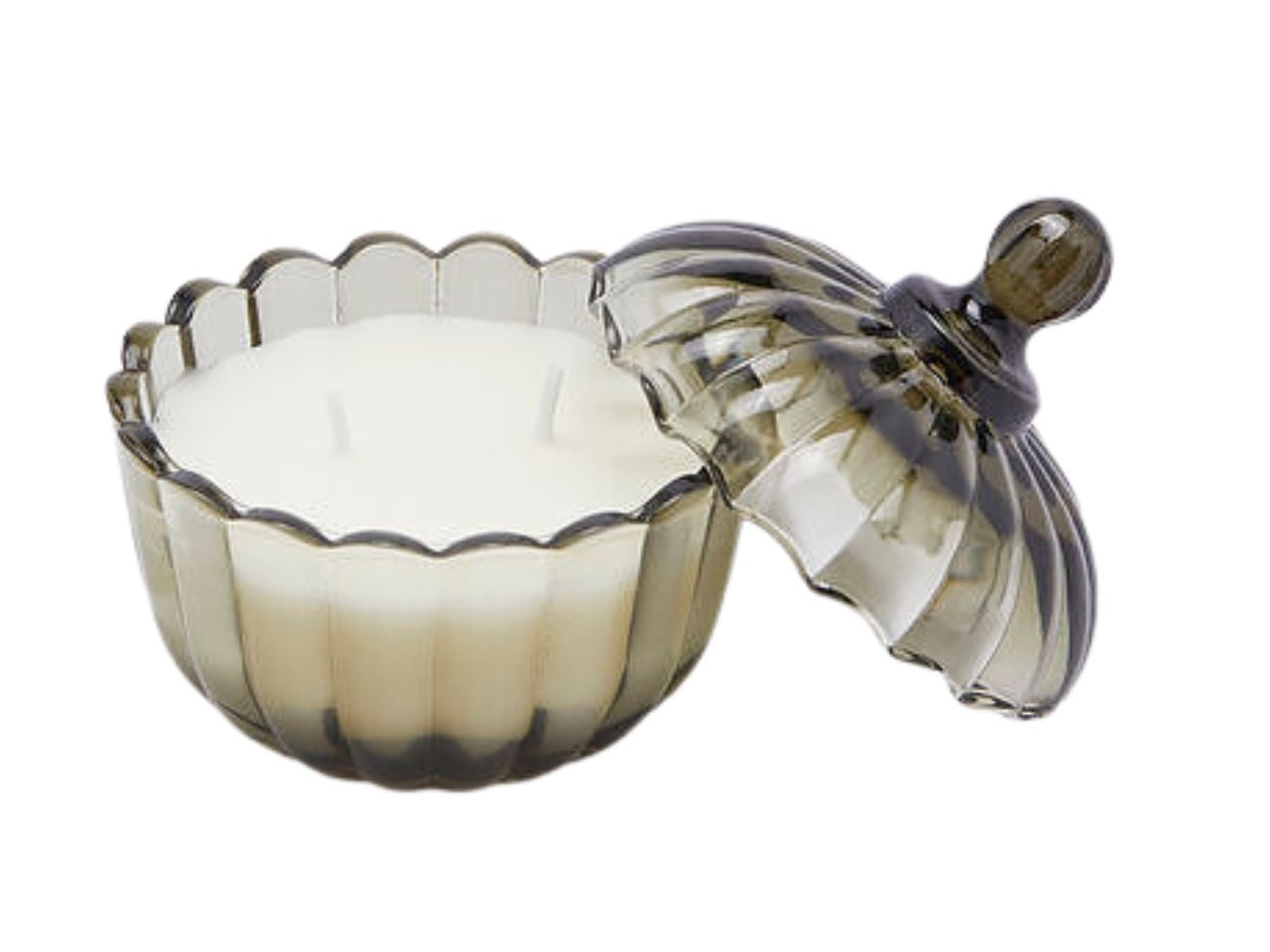 Candela in barattolo con coperchio al cedro, con decorazione a rilievo in vetro, stile moderno, 15 ore - 9x10,5 cm - Enzo De Gasperi