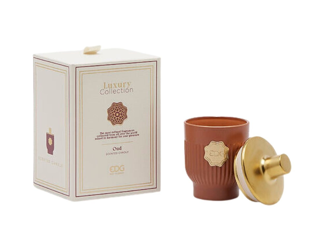 Candela Luxury, profumazione Oud in vetro, color terra di siena e bronzo, forma cilindrica 12x7,5 cm - EDG