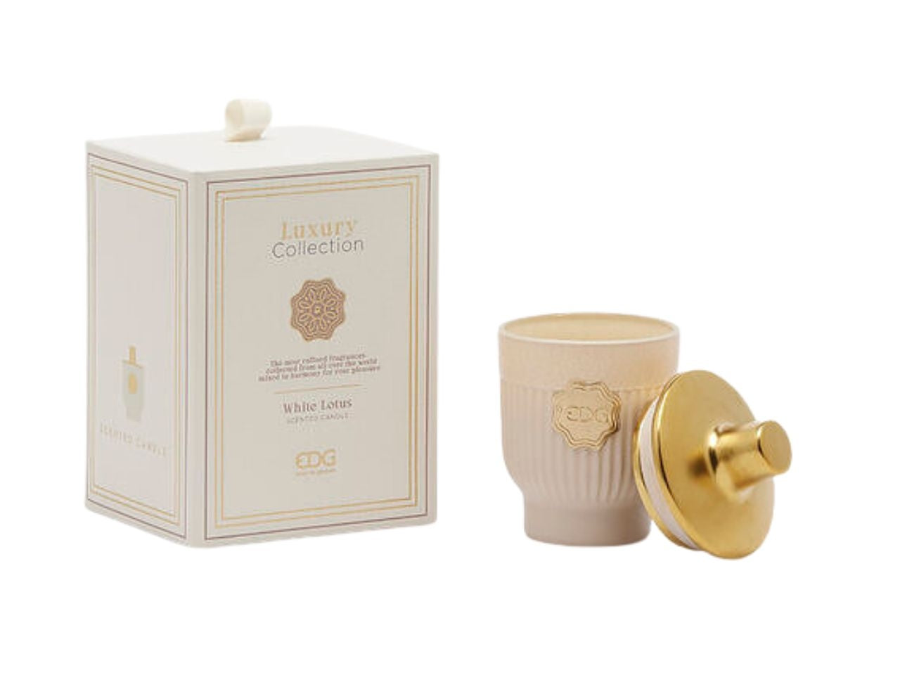 Candela Luxury, profumazione White Lotus in vetro, color beige e bronzo, forma cilindrica 12x7,5 cm - EDG