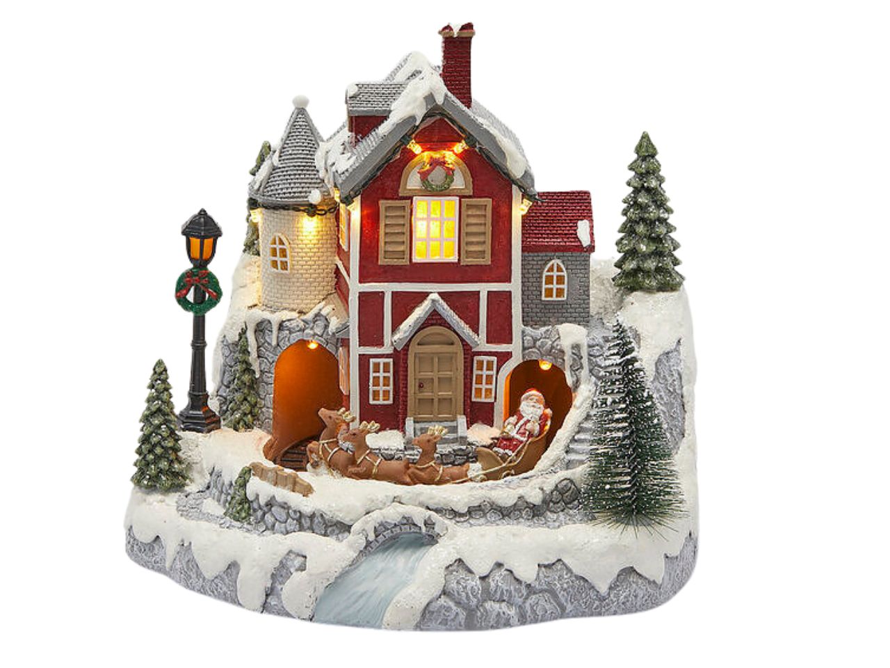 Diorama casetta con babbo natale h.22,5xl.22,5xl.23cm movimento e led multicolor