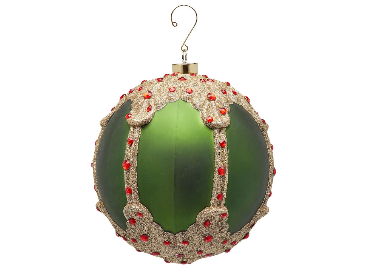 Pendente natalizio palla con rubini verde e oro in vetro opaco e glitterato 16,5cm - EDG