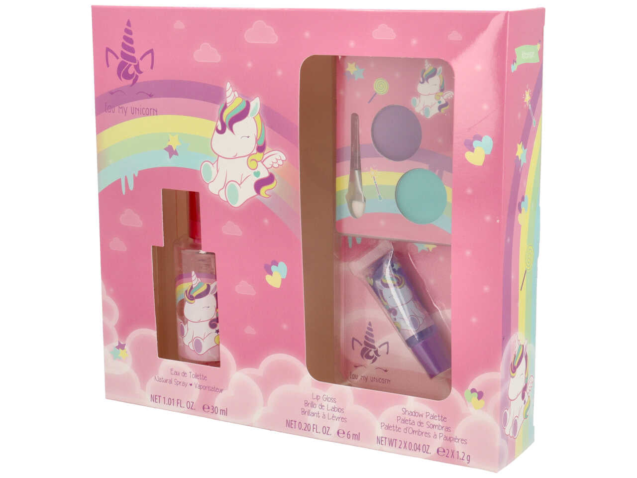 Eau my unicorn confezione regalo con eau de toilette da 30ml, lip gloss e palette ombretti