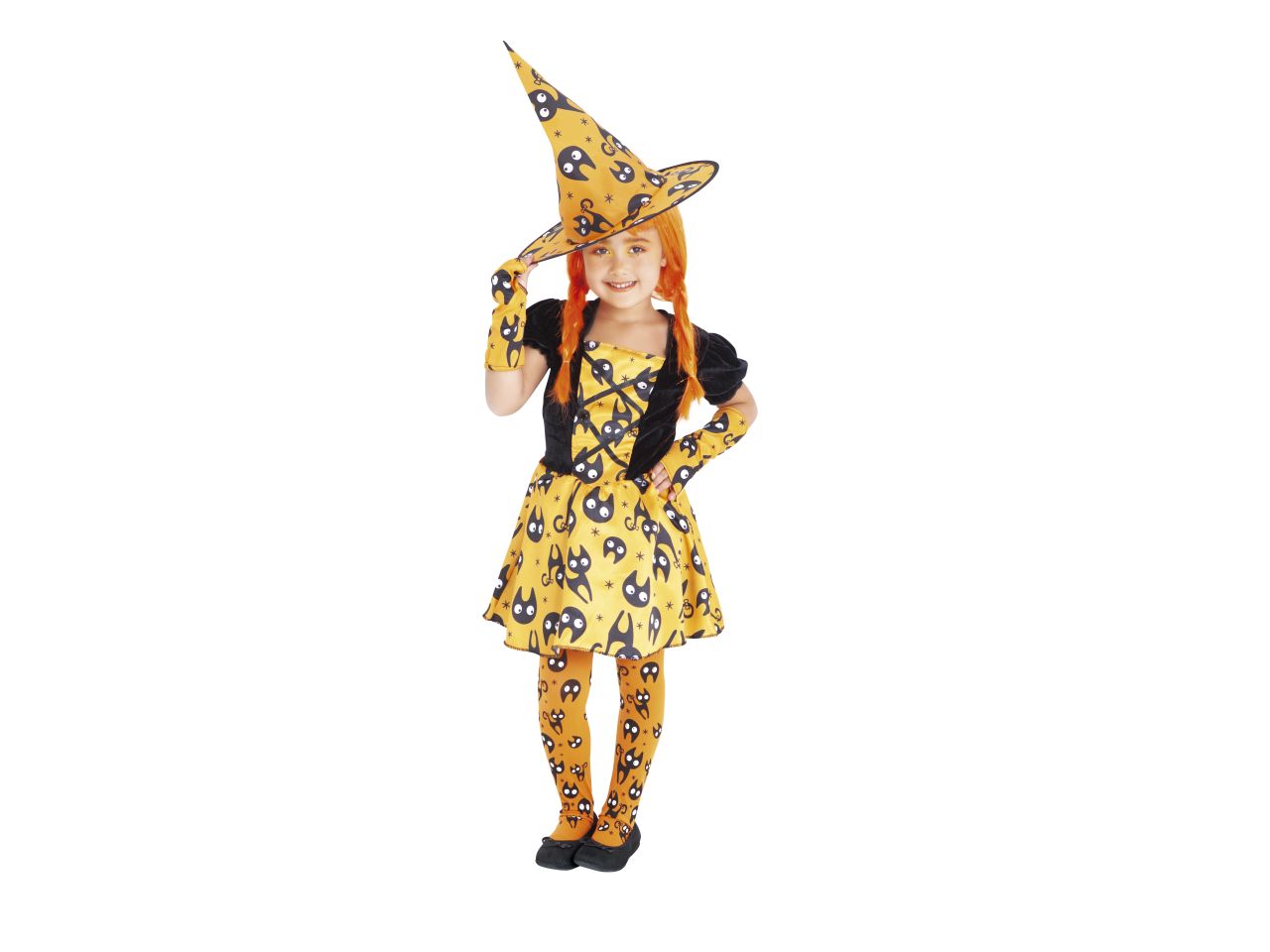 Rubies costume strega gattini arancione taglia s 3-4 anni - vestito con cappello, guanti e calze