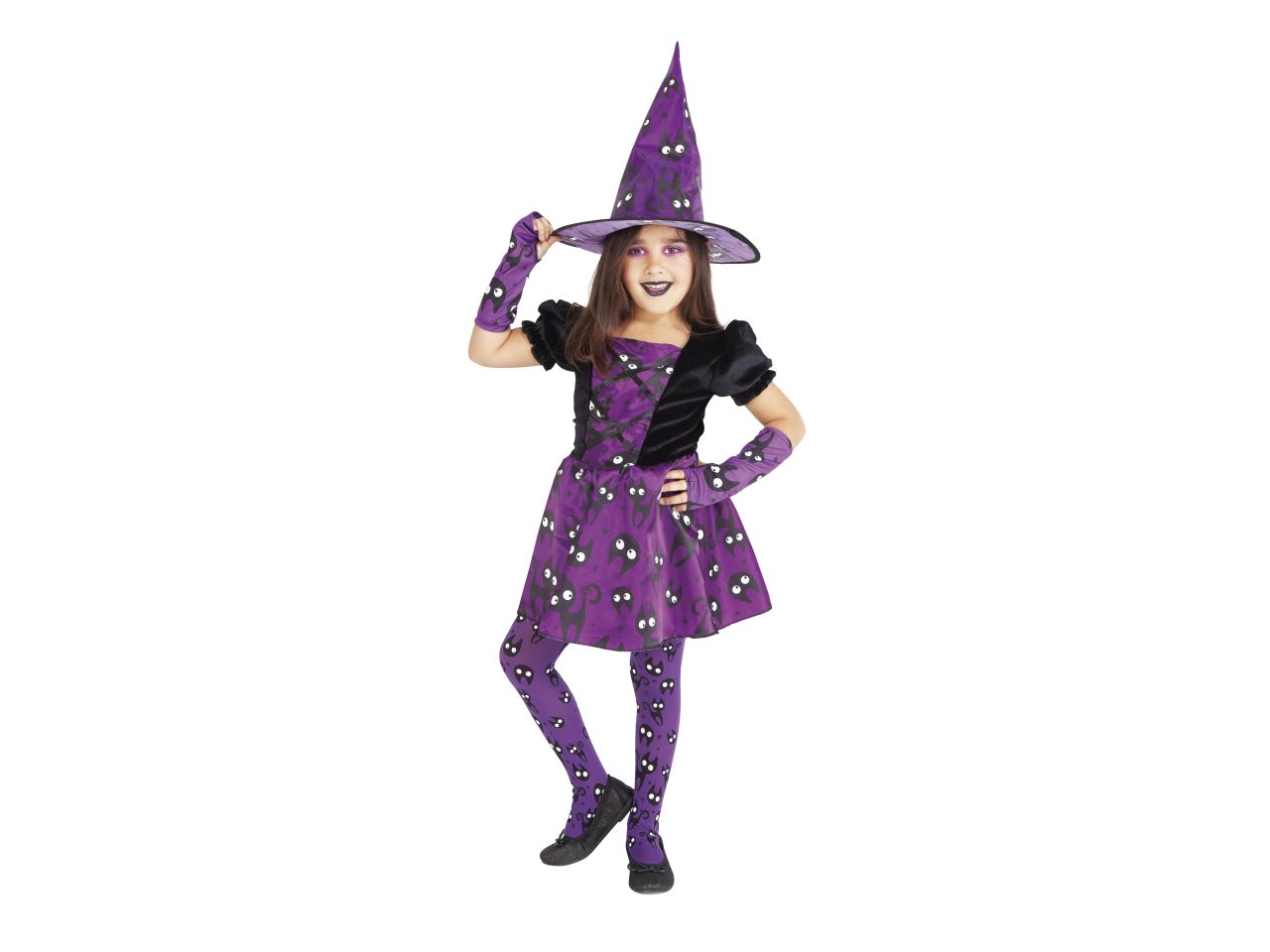 Rubies costume strega gattini viola taglia m 5-7 anni - vestito con cappello, guanti e calze