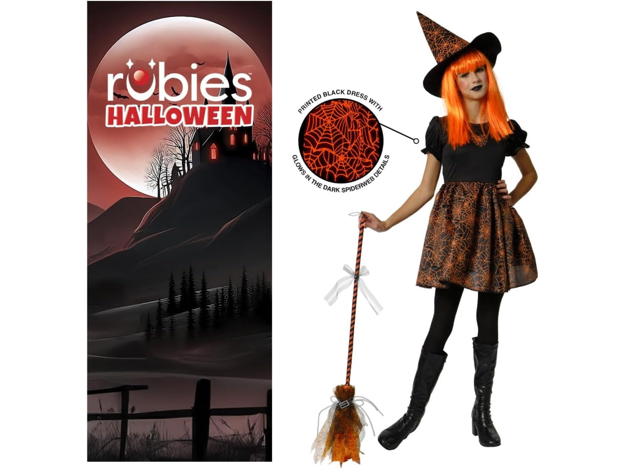 Costume bambina strega ragnatela nero e arancione, vestito con cappello, taglia L - Rubies
