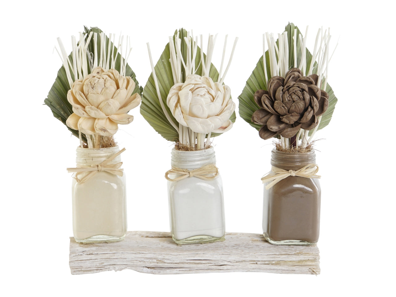Set pianta con 3 fiori secchi in ceramica misura 21x8x2cm colore bianco