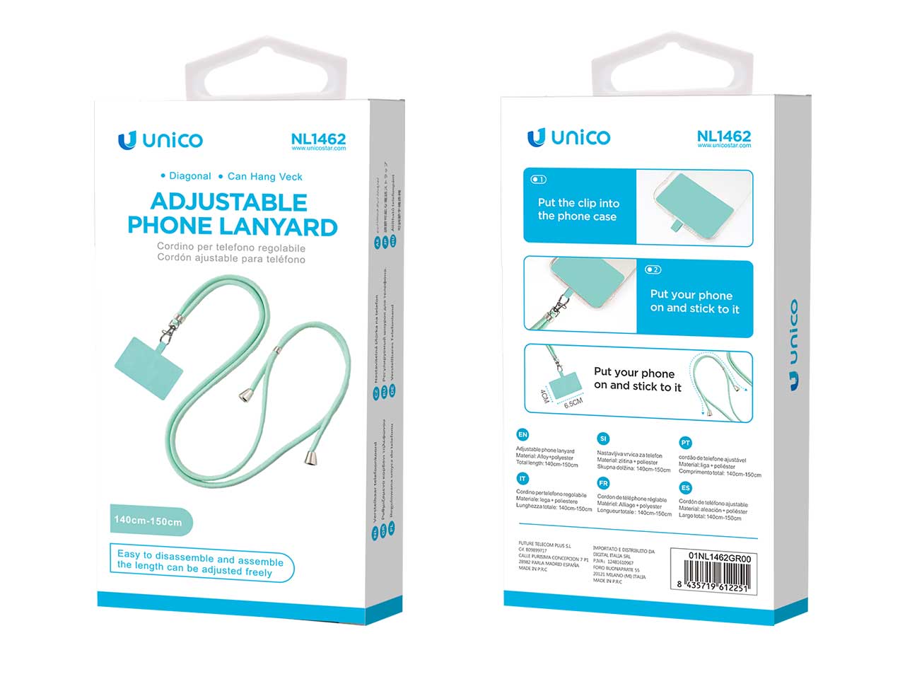 Cordino per cellulare regolabile in plastica e lega di zinco, 140-150cm, verde chiaro con fibbia singola
