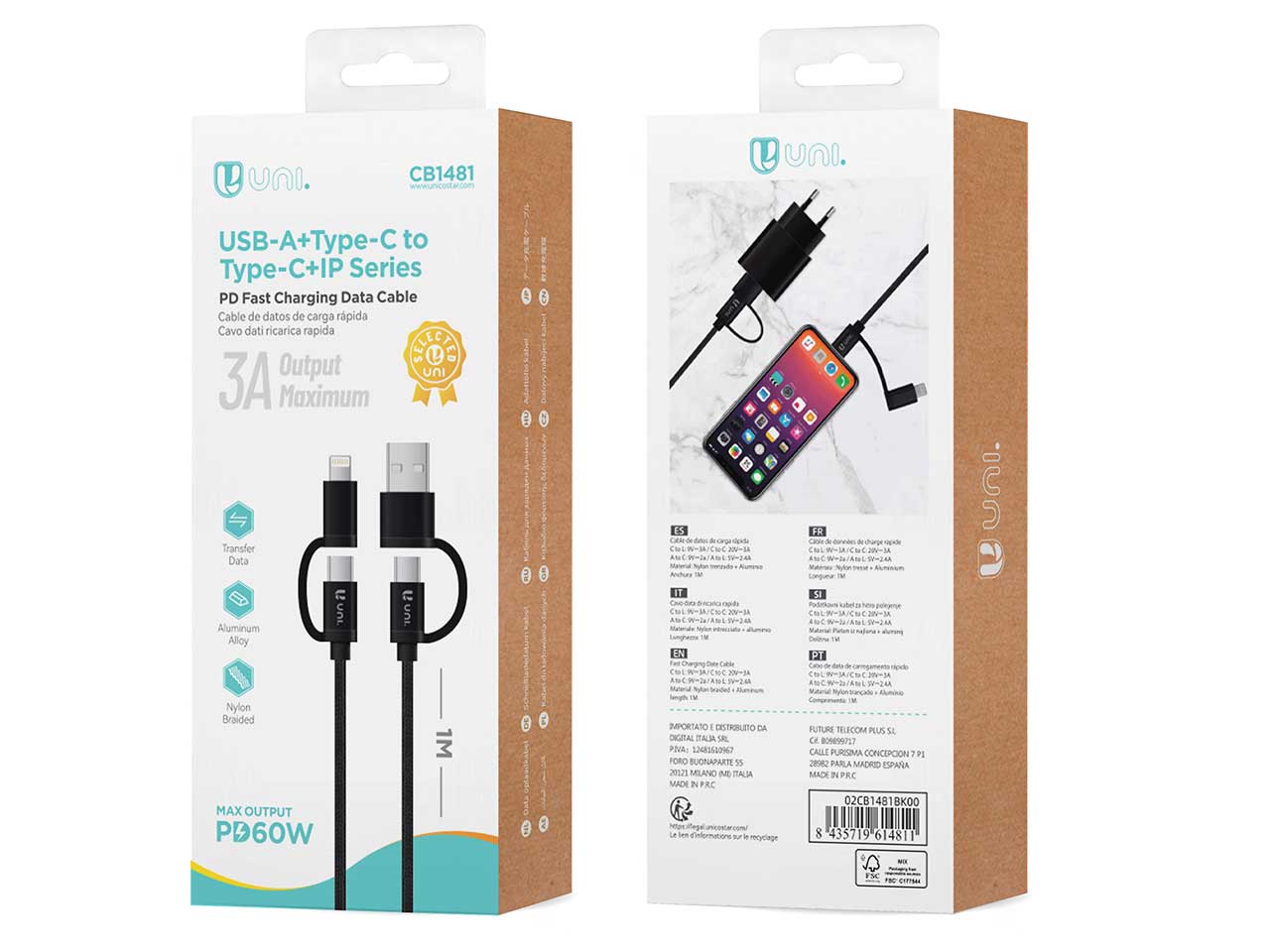 Cavo dati con ricarica rapida, usb-a, type-c e lightning, 1m, lega di alluminio e treccia di nylon, nero