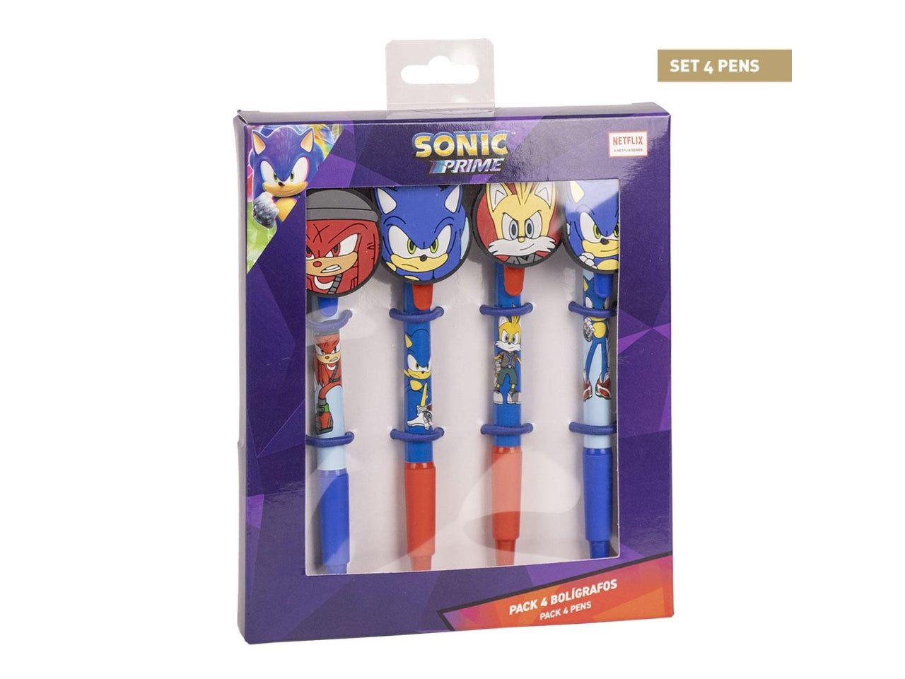 Set di 4 penne a sfera per bambino con personaggi Sonic, a click con sagoma dei personaggi, inchiostro nero - Cerdà