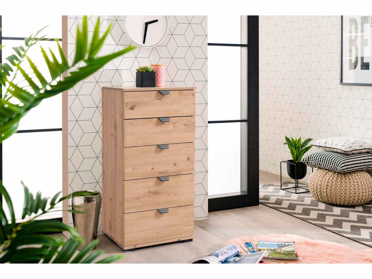 Cassettiera linea swiss con 5 cassetti in rovere anticato 45x40cm