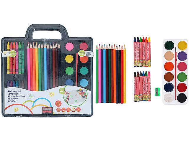 Set edco con pastelli, colori a cera, acquarelli e temperino astuccio nero 32.3x26.5x1 cm