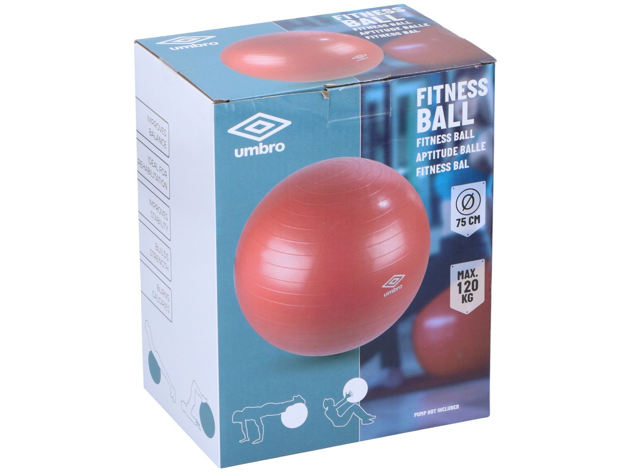 Palla da fitness rossa in pvc misura 75x75x75cm peso 1,57kg marca umbro