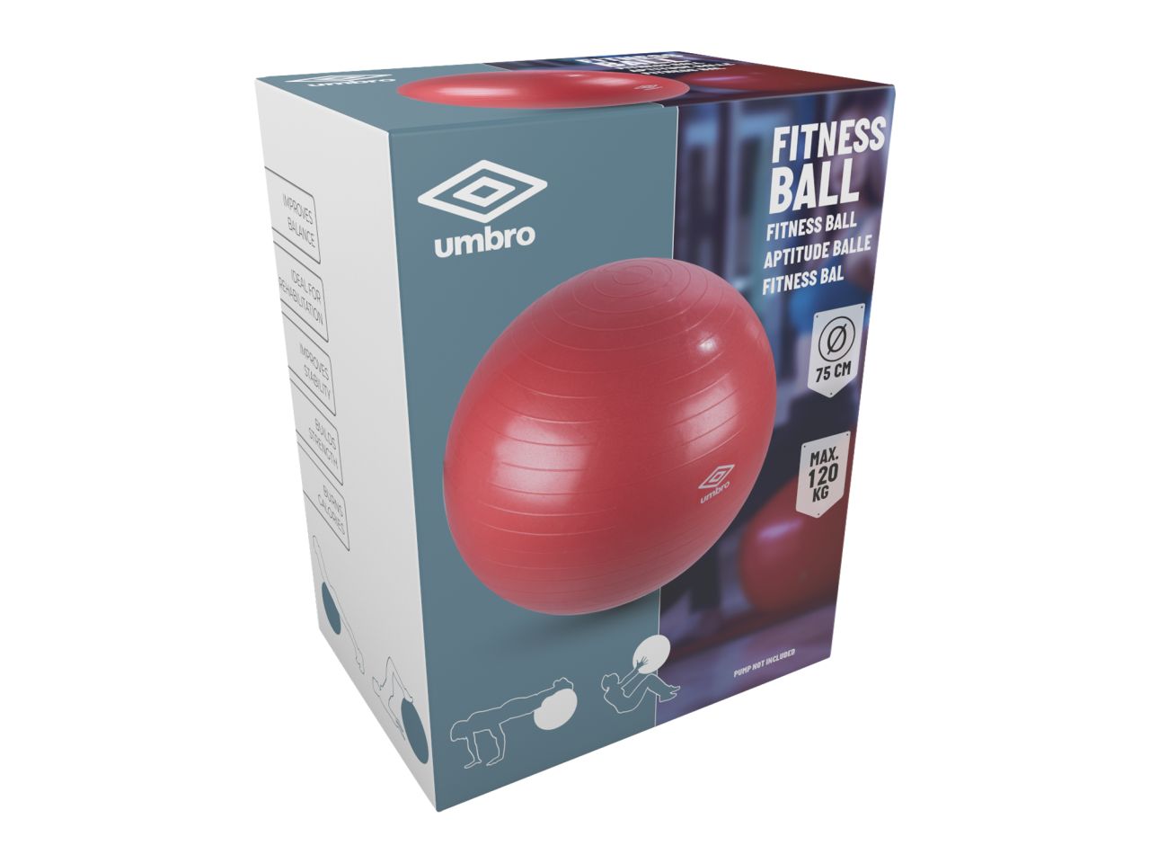 Palla da fitness rossa in pvc misura 75x75x75cm peso 1,57kg marca umbro