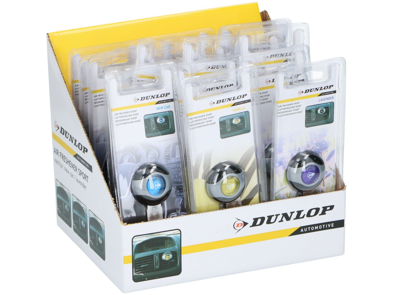 Deodoranti per auto 18 pezzi 3 assortimenti vaniglia nuovo lavanda misura 4x3x3cm marca dunlop vehicle