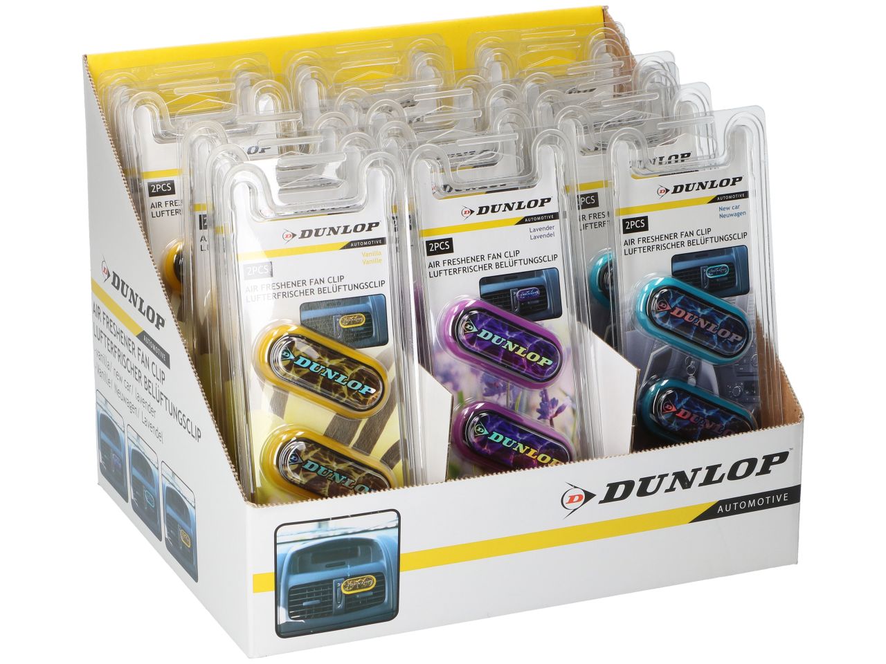 Deodoranti per auto 18 pezzi x 2 pezzi 3 assortimenti vaniglia nuovo e lavanda misura 5x2x1cm marca dunlop vehicle