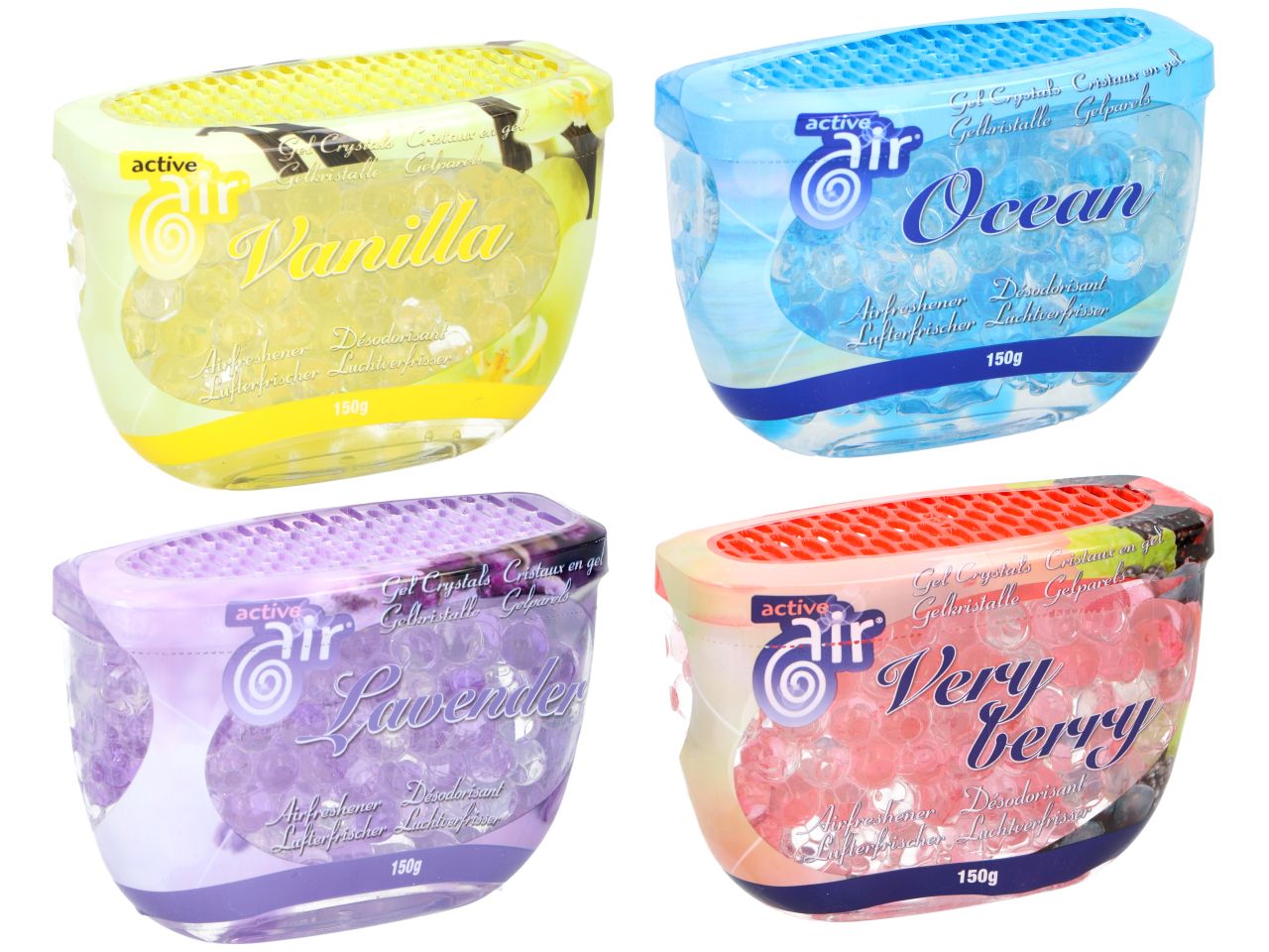 Deodorante per ambienti 150g in 4 assortimenti vaniglia oceano lavanda e frutti rossi misura 11x8x5cm marca activeair