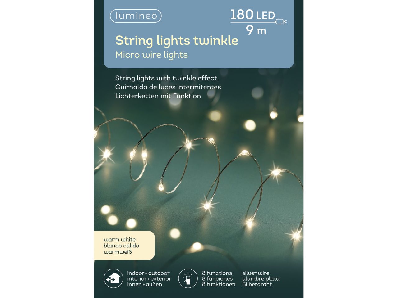 Luci natalizie micro catena led con 8 funzioni effetto scintillio colore argento bianco caldo misura lun.895cm x alt.900cm misura del led micro numero di led 180