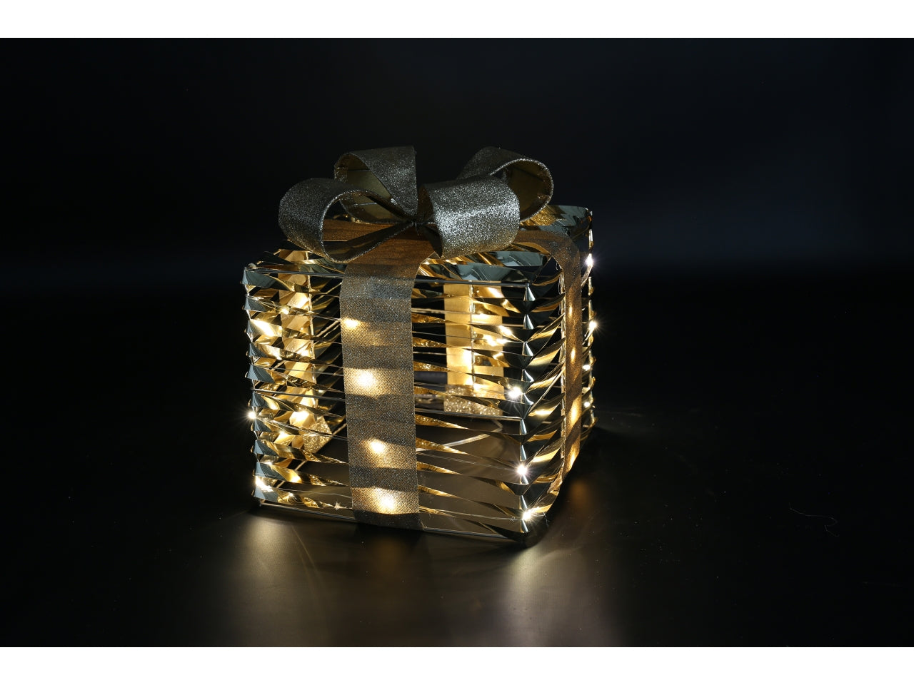 Pacco regalo natalizio 15x15x17cm con led bling oro lucido glitterato