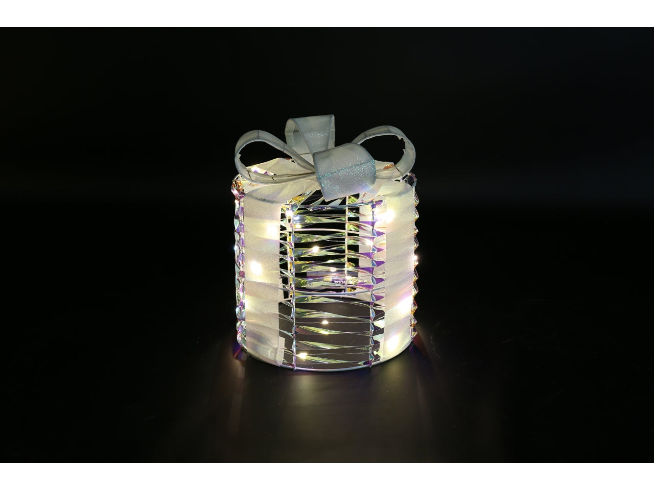 Pacco regalo natalizio 15x15x17cm con led bling trasparente glitterato argento