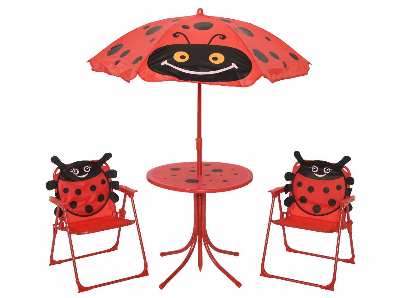 Tavolino ombrellone coccinella con sedie per bambini