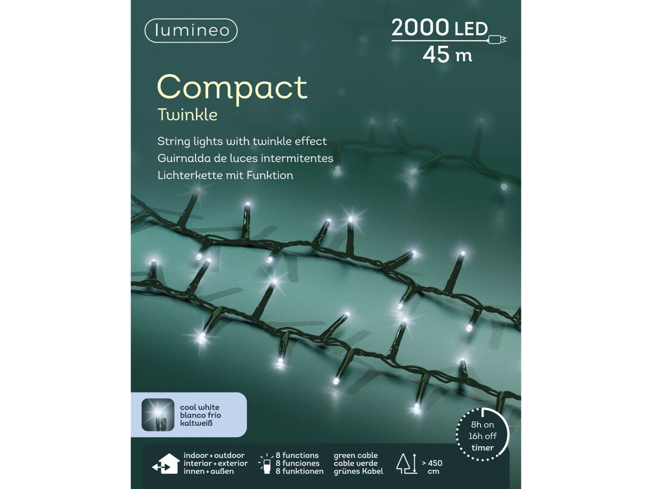 Luci natalizie compatte a led con 8 funzioni effetto scintillio per uso esterno colore verde bianco freddo misura lun.4500cm misura del led 3mm numero di led 2000