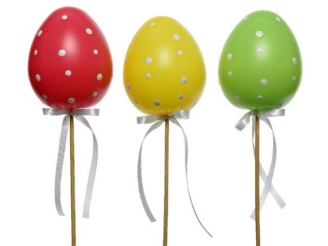Uovo di pasqua in plastica con puntini e fiocco in raso bianco sullo stecco in mdf 3 colorazioni assortite d.12xh.15cm