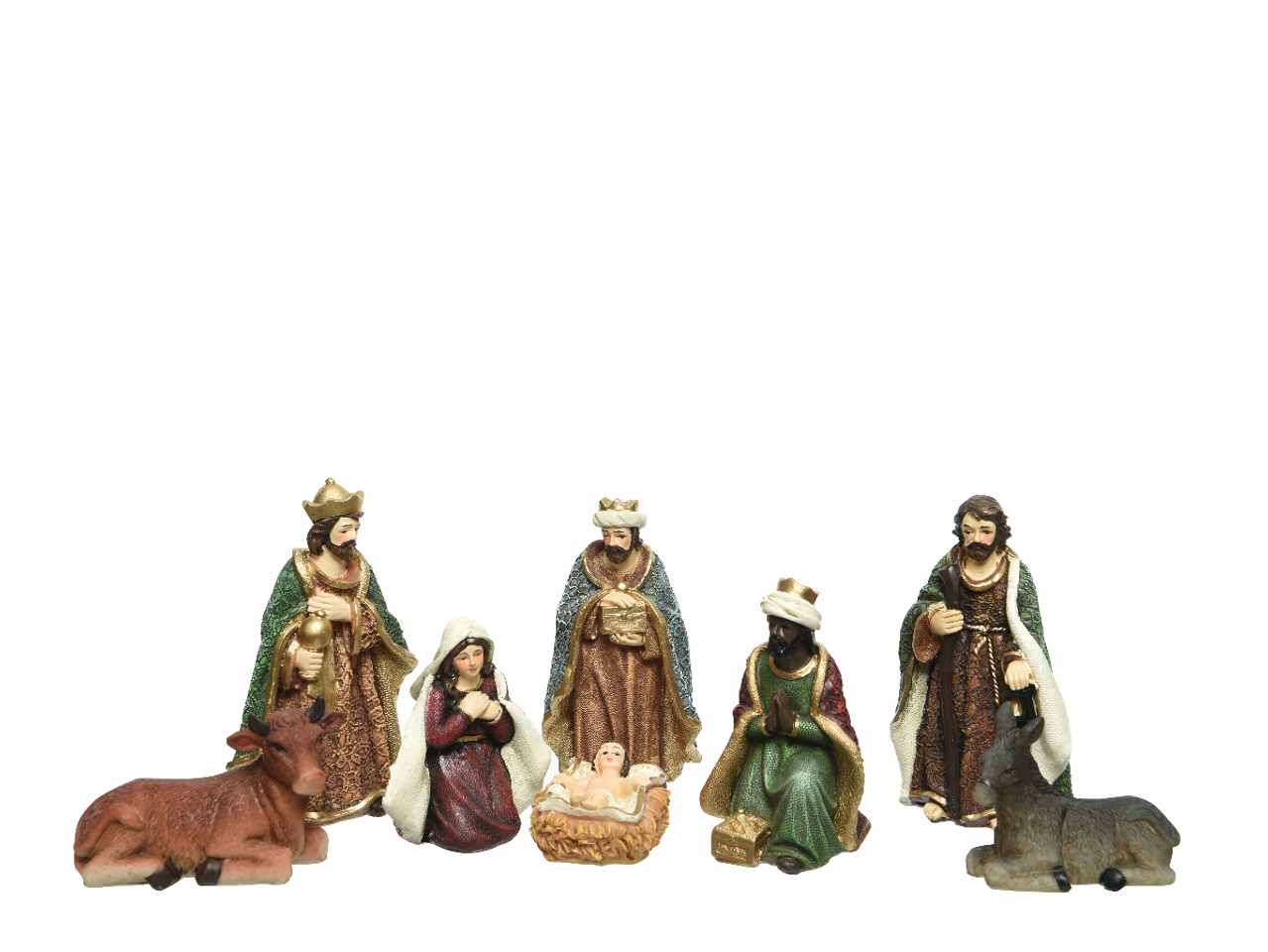 Nativita' in poliresina composta da figura di maria,san giuseppe, gesu', re magi, bue e asinello 6x3,5x11,5cm
