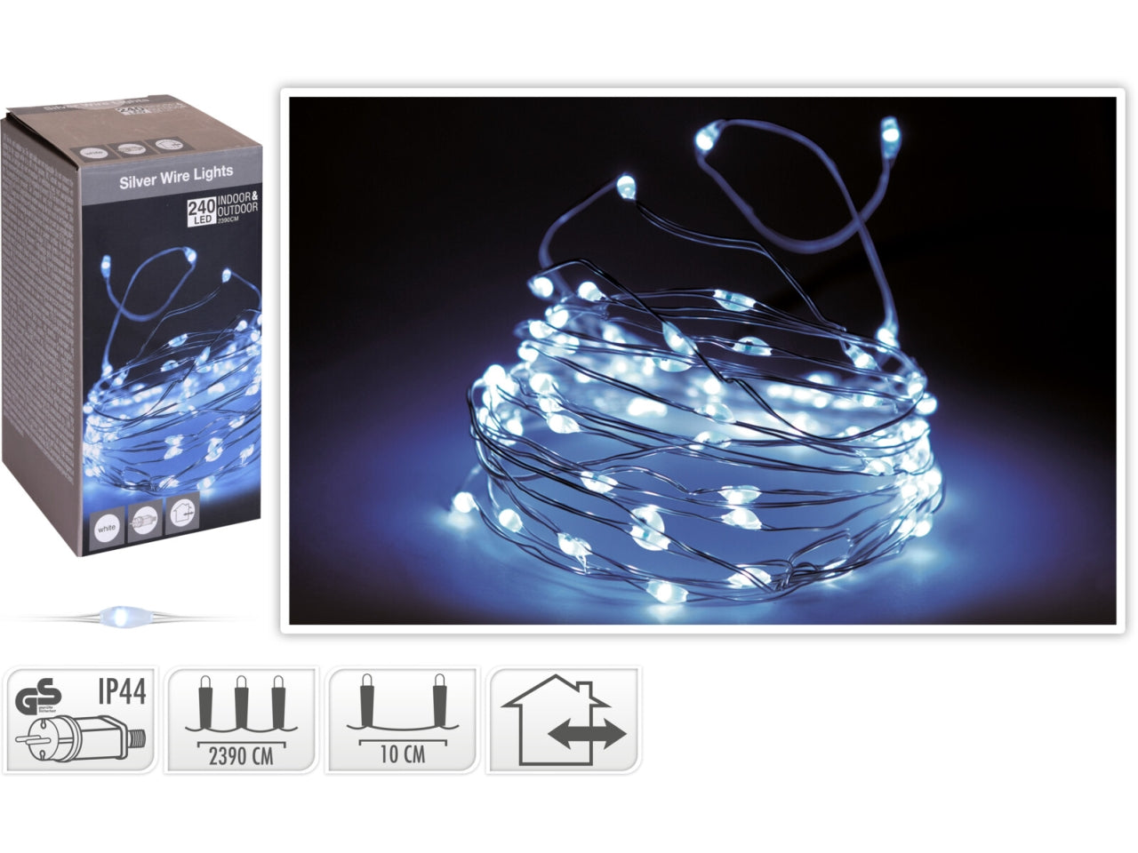 Filo metallo argento 240 microled bianco freddo, distanza led 10cm, cavo guida 3mt, per uso interno/esterno
