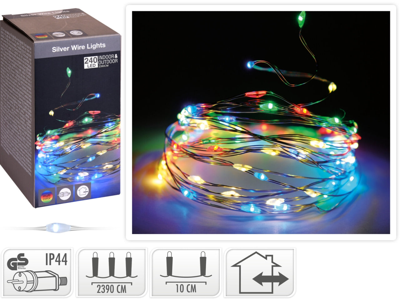 Filo metallo argento 240 microled multicolor, distanza led 10cm, cavo guida 3mt, per uso interno/esterno