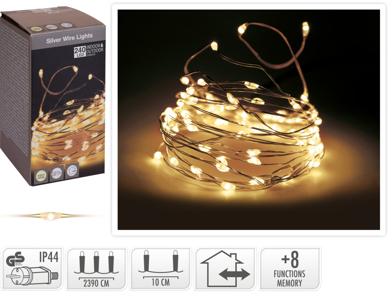 Filo metallo argento 240 microled bianco caldo, distanza led 10cm, cavo guida 3mt, con controller gioco luci 8 funzioni con memory e timer, per uso interno/esterno