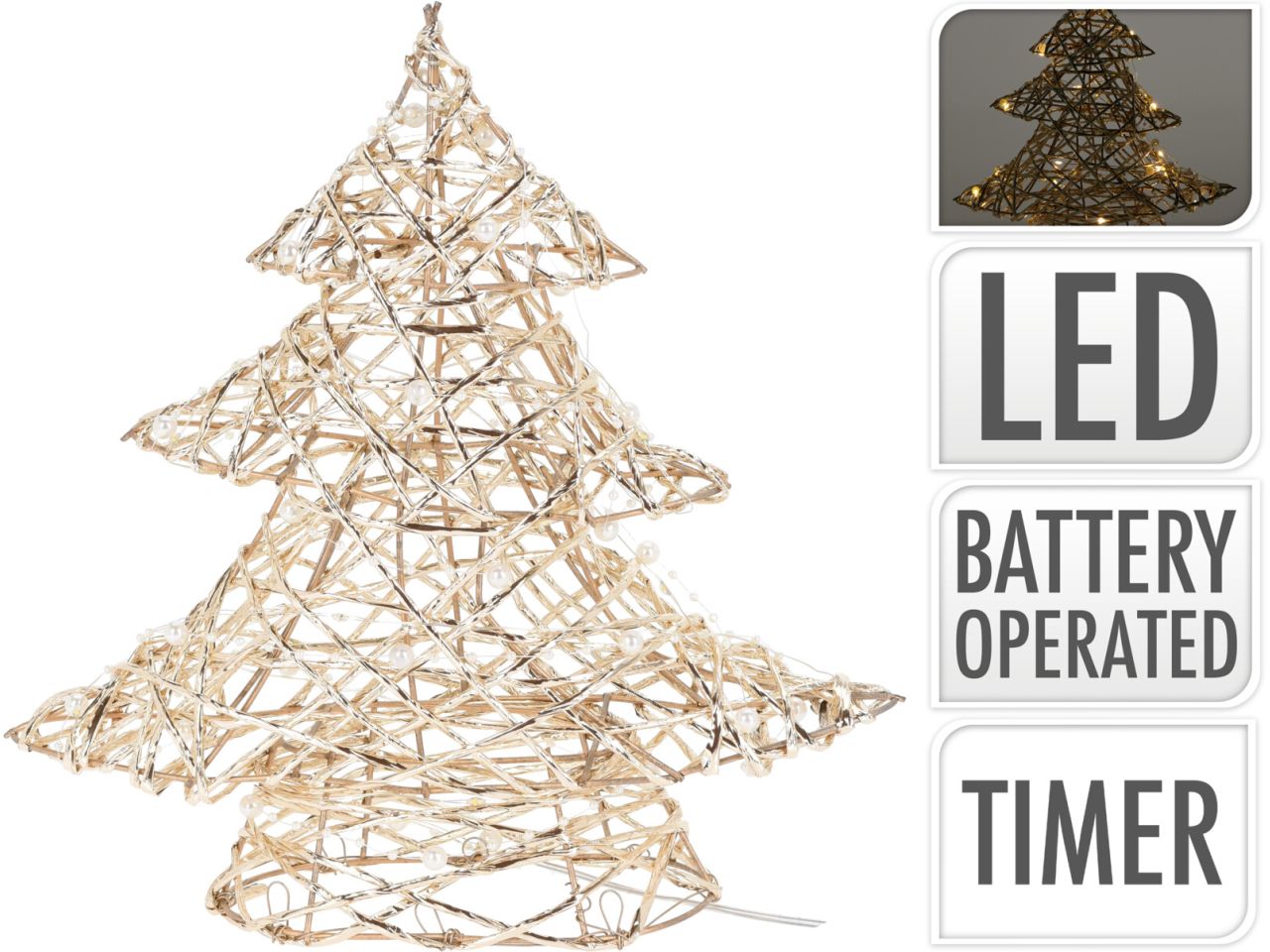 Albero di natale colore oro con perle misura 30cm con 20 led a batteria