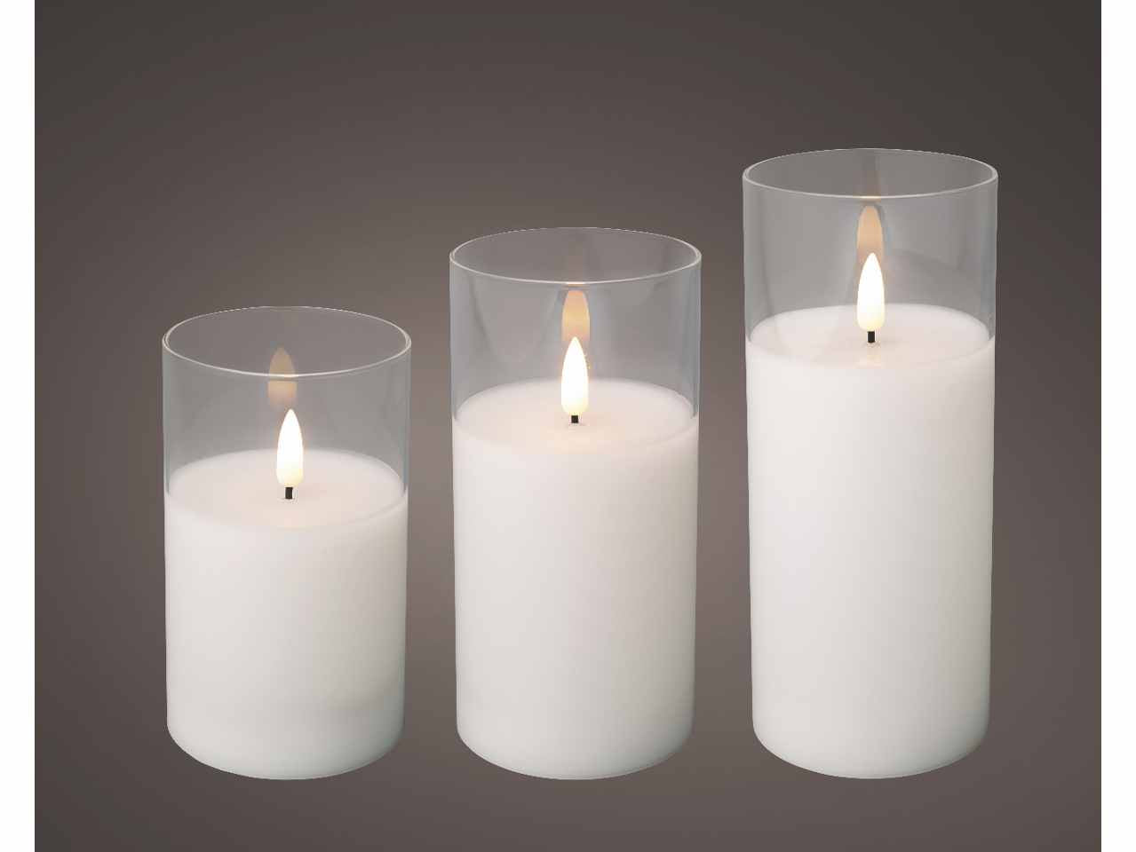 Candele bianche set da 3 pezzi led bianco caldo in bicchiere di vetro h.12,5-15-17,5cmxd.7,5cm