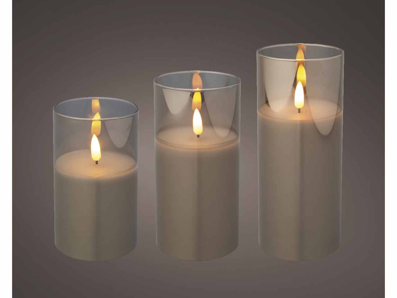 Candele grigie set da 3 pezzi led bianco caldo in bicchiere di vetro h.12,5-15-17,5cmxd.7,5cm