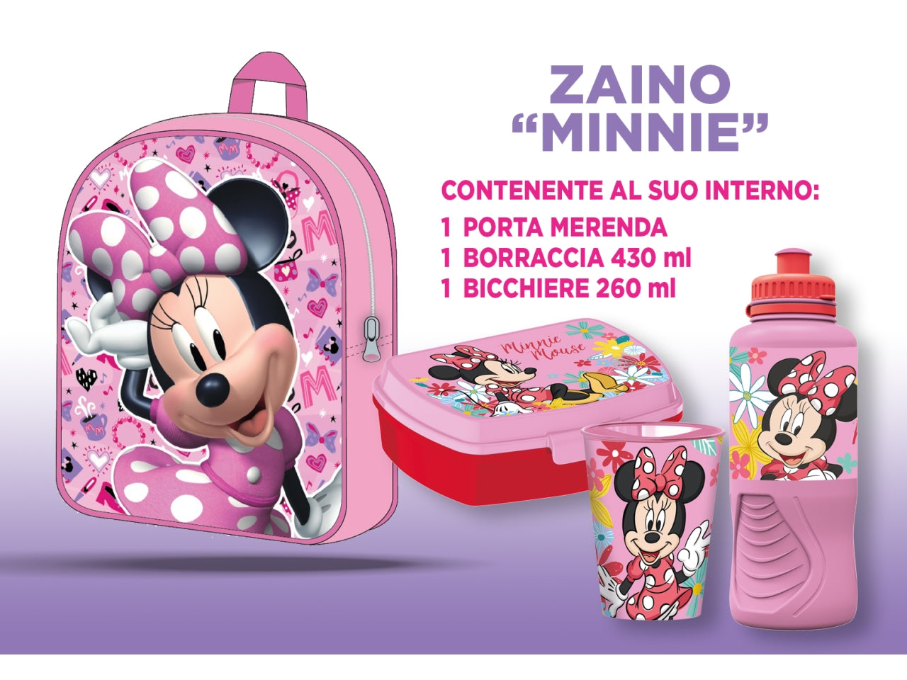 Zaino asilo Minnie bambina basic rosa e rosso con accessori 30x26x10 cm - Real Trade Italia