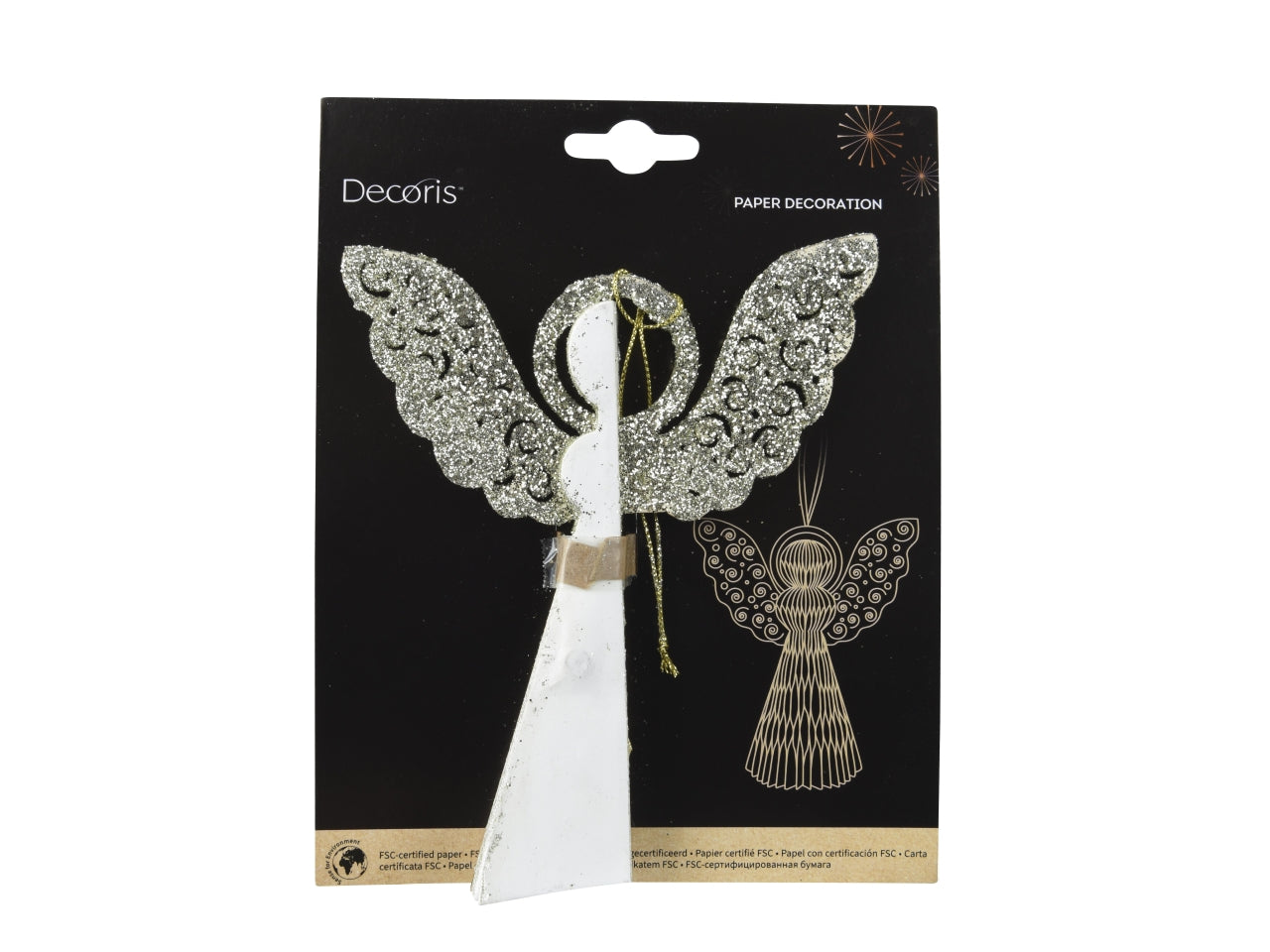 Pendente natalizio angelo in carta bianco bordo glitterato chiusura magnetica d.33x40 cm - Decoris