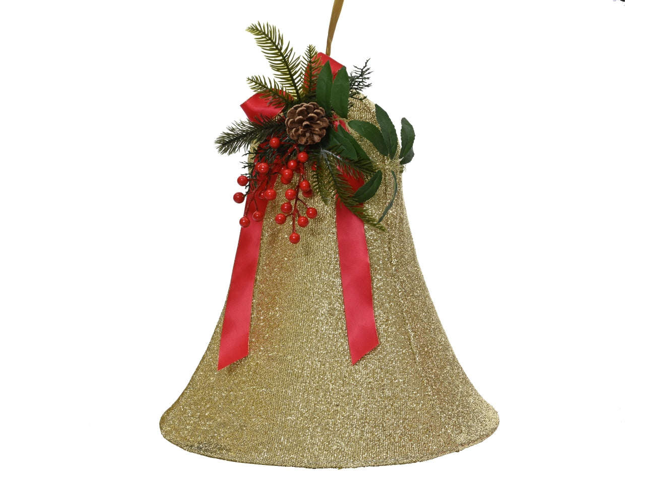 Campana natalizia decorativa d.37x40cm oro con fiocco rosso