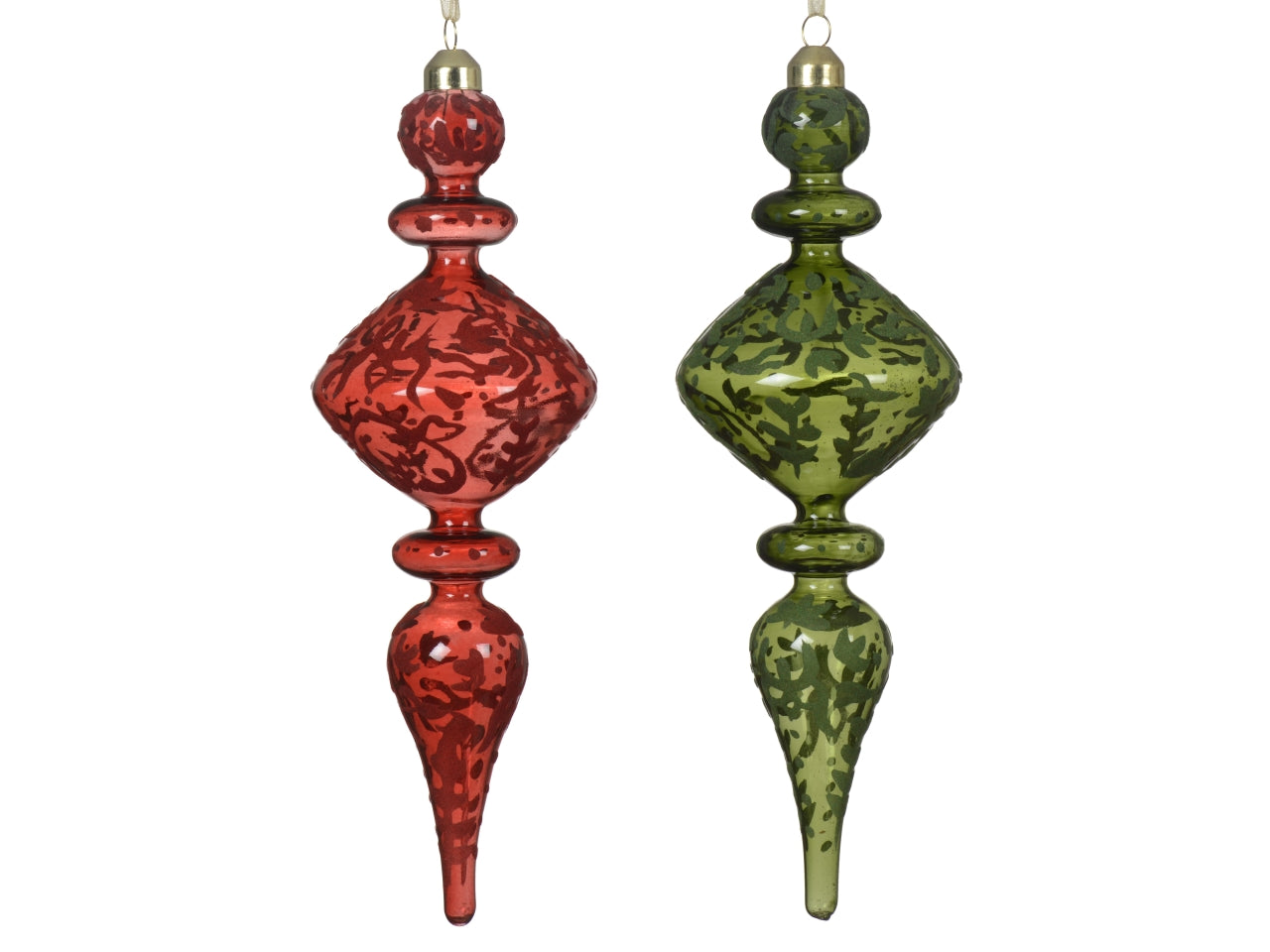 Pendente in vetro d.8x23cm trasparente decorazione floccata in 2 colori assortiti